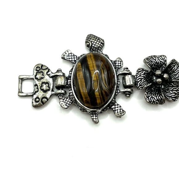 Turtle Silvertone Oval Tigers Eye Cabochon Sea Turtle Floral link Bracelet - Picture 11 of 13